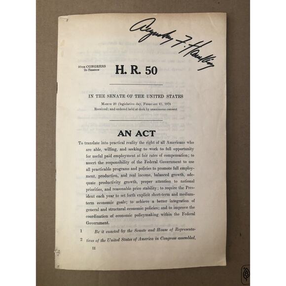 Vintage 1978 Signed Congress Booklet US Senate HR 50 Labor Augustus F Hawkins